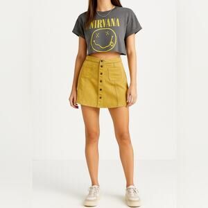 BDG 100% Cotton A Line Button Front Mini Skirt | M | Mustard | Retro Streetwear